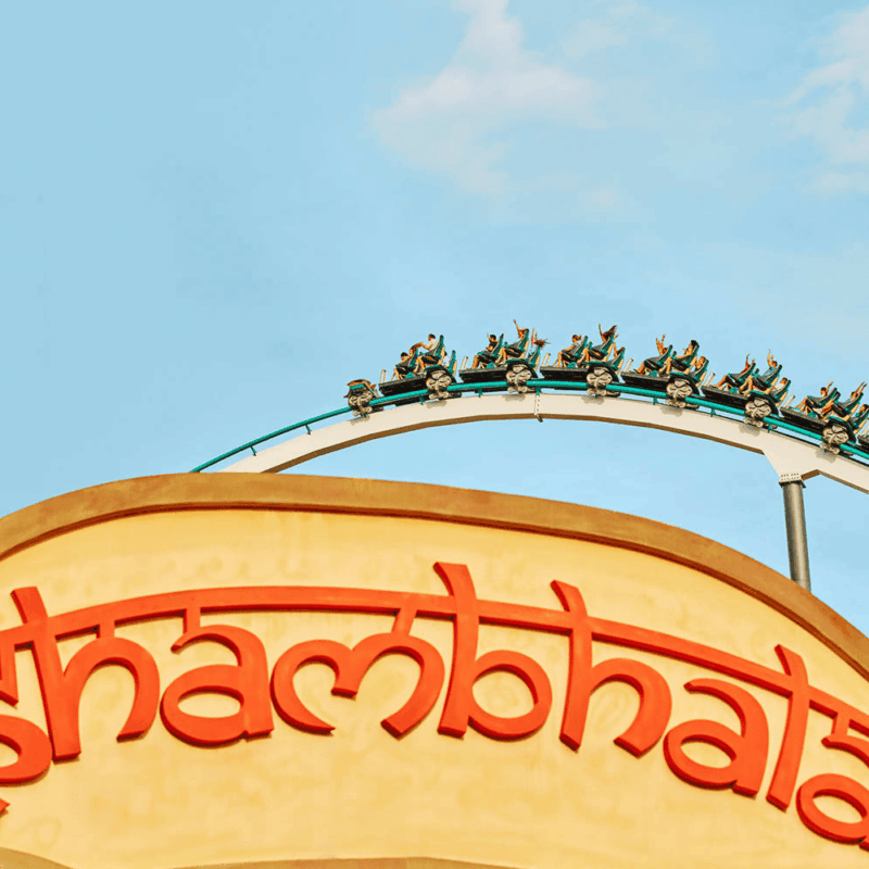 Immagine che raffigura delle persone mentre sono sulle montagne russe Shambhala, con il logo del nome dell'attrazione in rosso su sfondo giallo in primo piano. Image depicting people riding the Shambhala roller coaster, with the ride's name logo in red on a yellow background in the foreground.